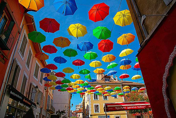 hanging umbrellas during daytime