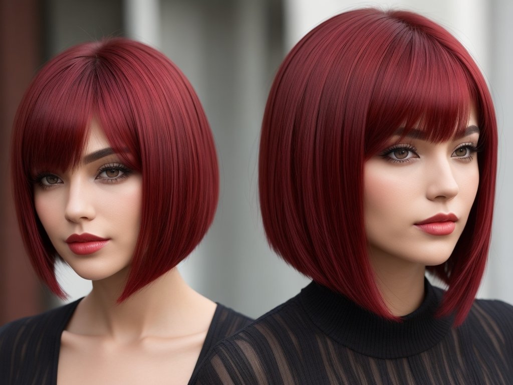 Baddie Hairstyles-Fiery Red Bob with Fringe