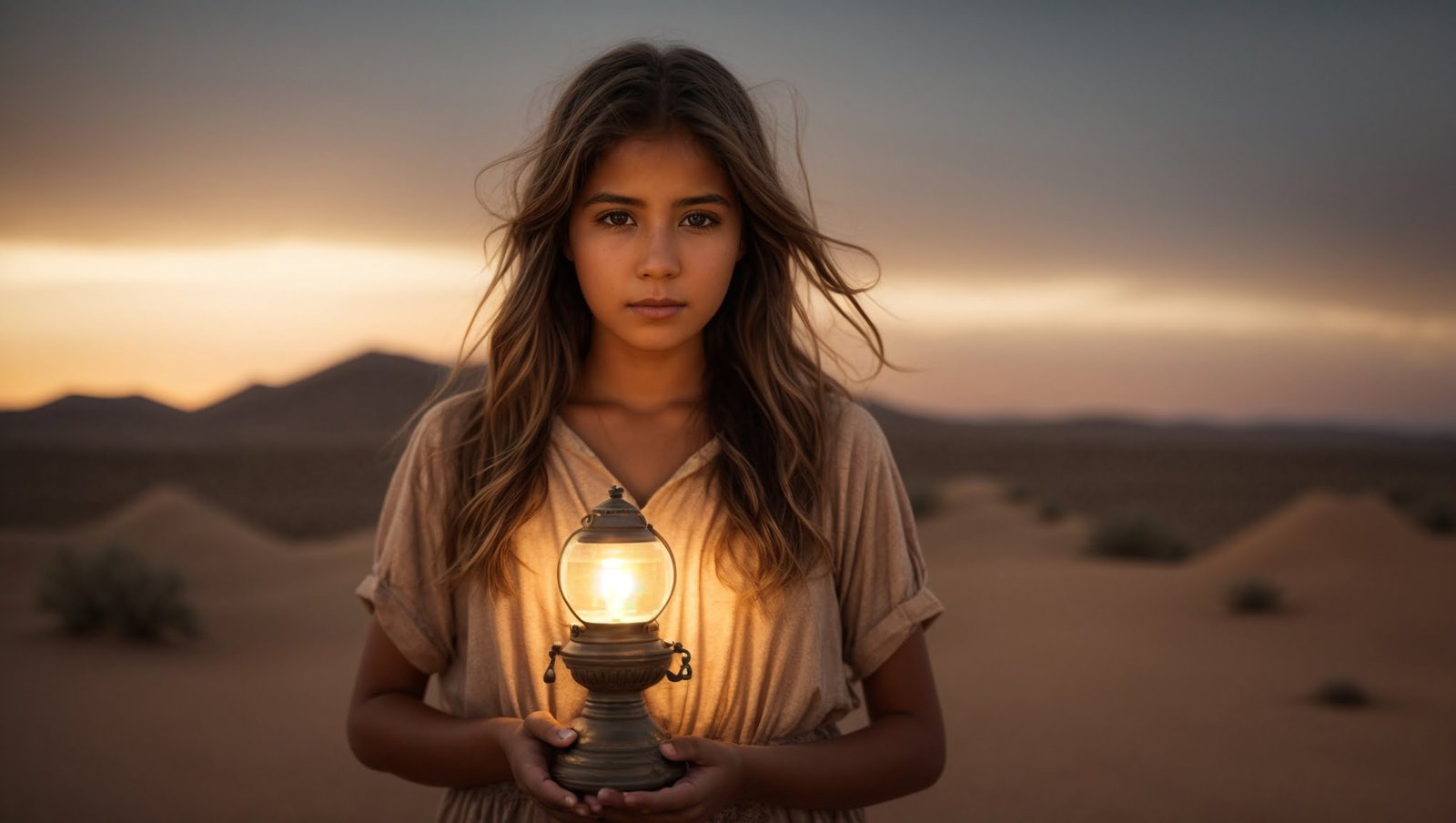 PhotoReal The girl now older holding the ancient lamp her eyes 0 1