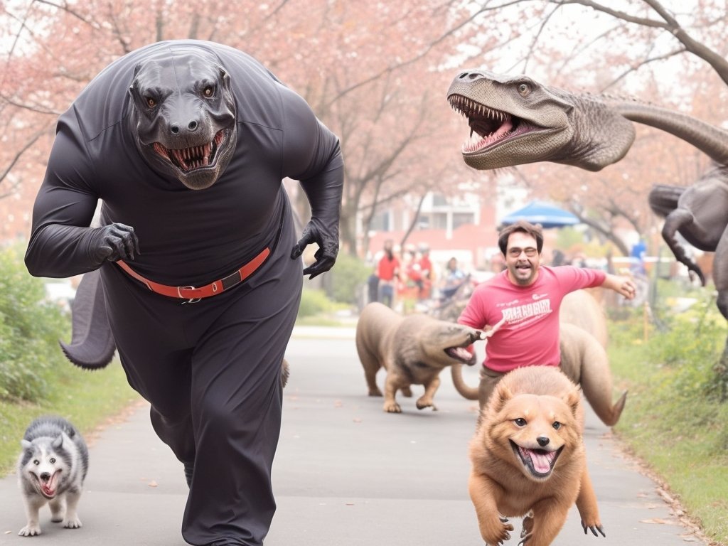 Silly Guy in Dinosaur Costume Chasing Dogs