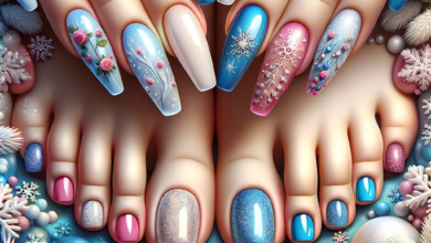 DALL·E 2023 10 23 16.01.58 Photo realistic image of a collection of toenail designs perfectly arranged in a vibrant winter themed setting. The designs prominently feature frost