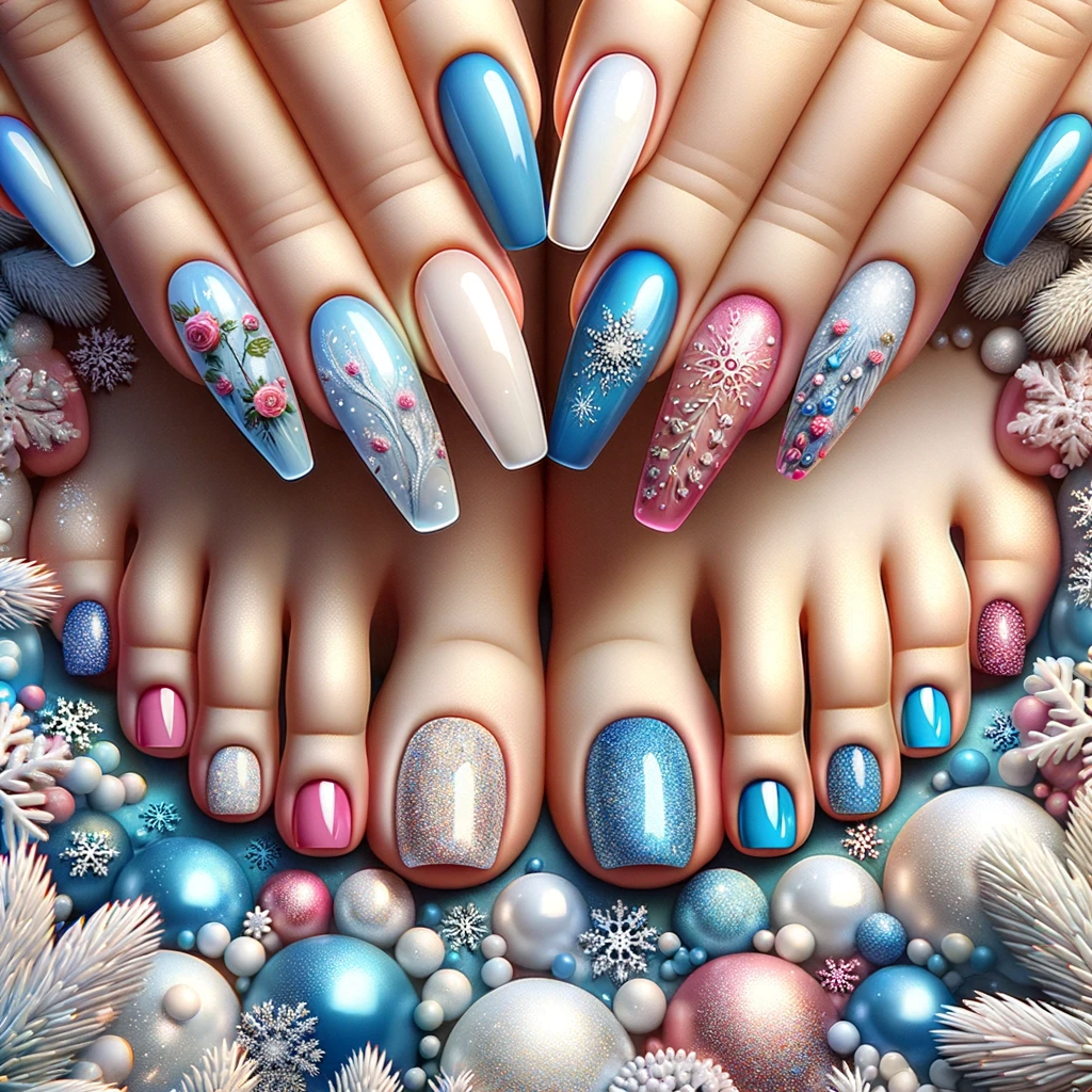 DALL·E 2023 10 23 16.01.58 Photo realistic image of a collection of toenail designs perfectly arranged in a vibrant winter themed setting. The designs prominently feature frost