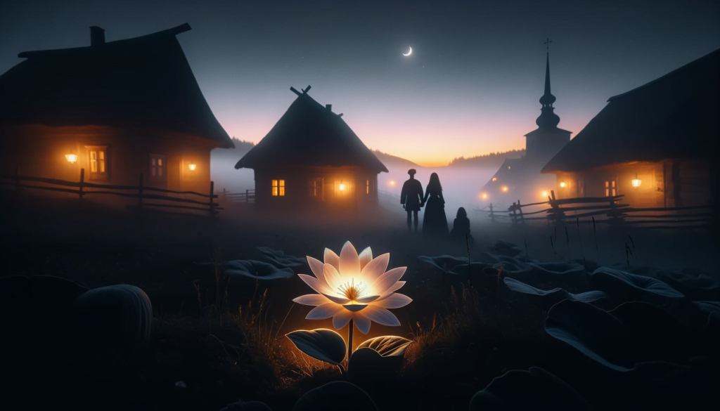 DALL·E 2023 10 26 23.02.14 Wide photo A mesmerizing Slavic village landscape at twilight. In the foreground a luminous flower stands out its petals glowing under the dim ligh