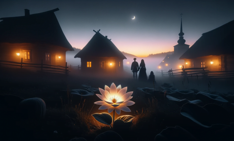 DALL·E 2023 10 26 23.02.14 Wide photo A mesmerizing Slavic village landscape at twilight. In the foreground a luminous flower stands out its petals glowing under the dim ligh