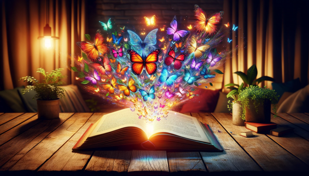 DALL·E 2023 11 15 16.34.06 A vibrant and eye catching image of an illuminated open book on a rustic wooden table. The books pages are transforming into a colorful array of but