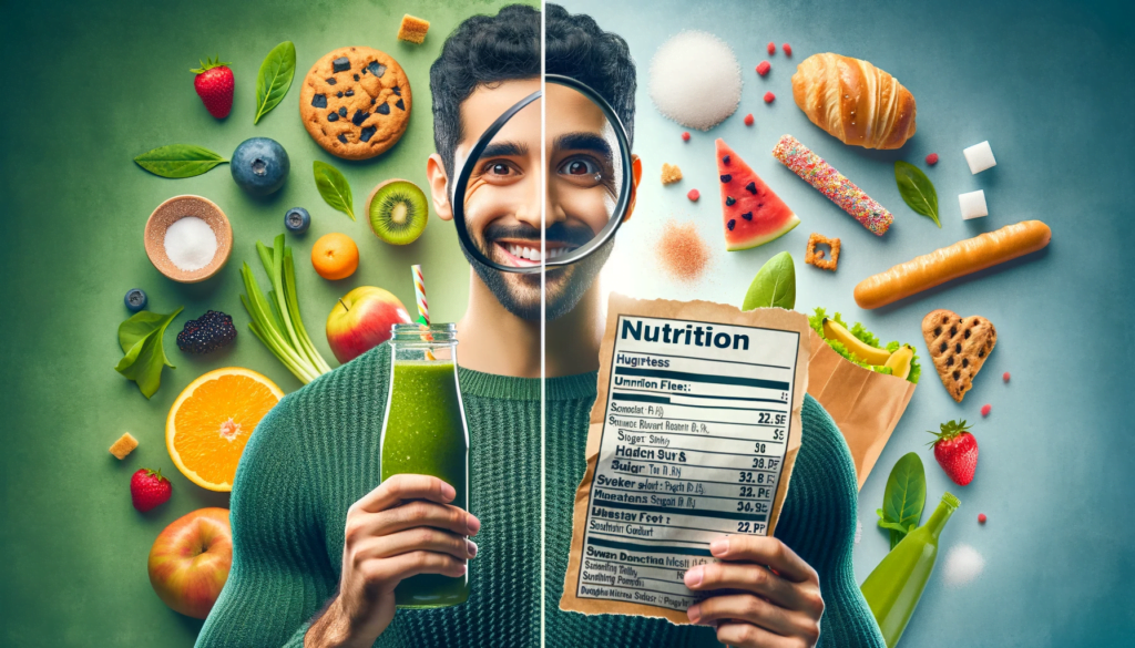 DALL·E 2023 11 15 17.13.42 The image features a split scene. On one side a person of Middle Eastern descent is smiling and holding a healthy looking green smoothie. On the othe