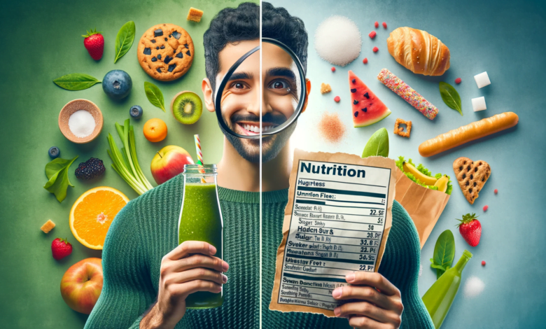 DALL·E 2023 11 15 17.13.42 The image features a split scene. On one side a person of Middle Eastern descent is smiling and holding a healthy looking green smoothie. On the othe