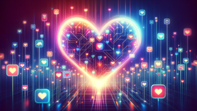 DALL·E 2023 12 09 22.42.01 Wide captivating image of a symbolic digital heart composed of various online dating app icons set against a vibrant modern background. The heart i