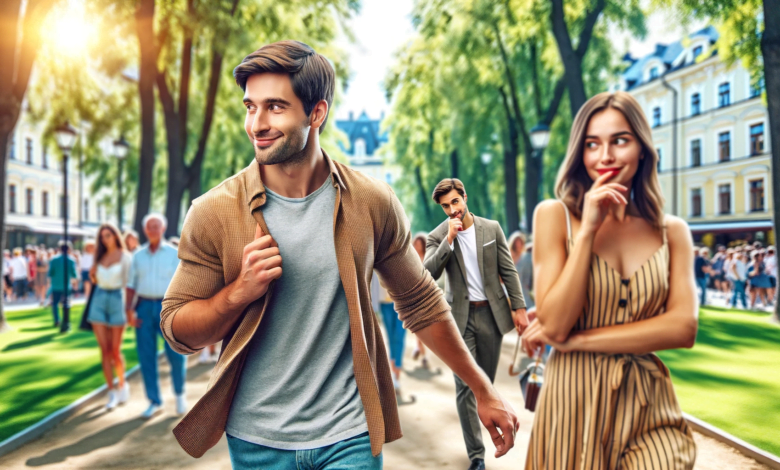 DALL·E 2023 12 09 22.54.43 Generate a wide eye catching featured image showing a couple walking in a picturesque park. The focus should be on the man who is playfully glancing
