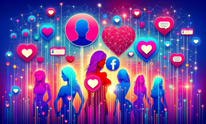 DALL·E 2023 12 10 09.09.03 Create a wide visually striking and viral featured image for an article about discovering single girls on Facebook. Feature vibrant colorful elemen