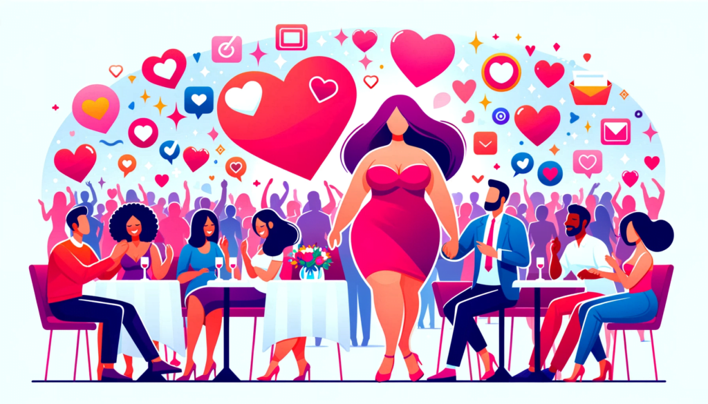 DALL·E 2023 12 10 23.02.32 Generate a wide eye catching and viral featured image for an article about plus size woman dating. Depict a vibrant and positive scene of plus size