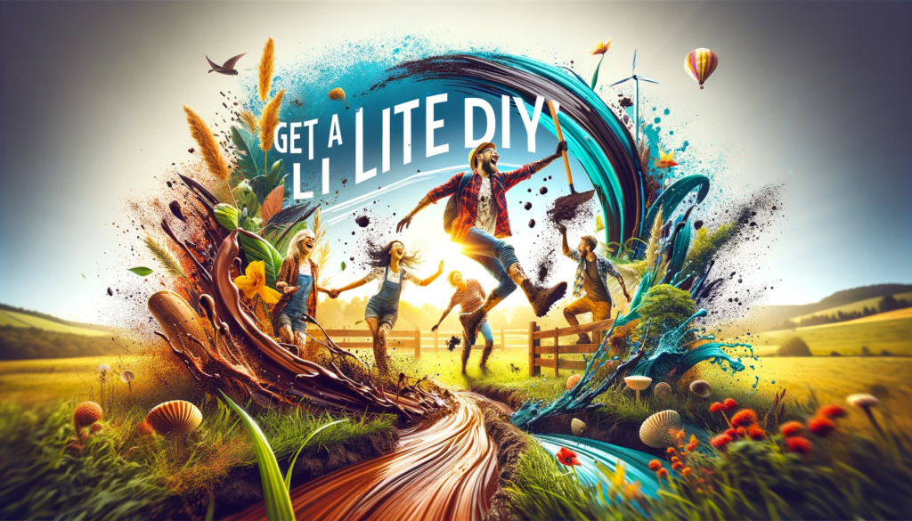 DALL·E 2023 12 11 16.38.32 A wide vibrant eye catching image symbolizing Get a Little Dirty. The scene includes a dynamic outdoor setting with a group of friends enjoying a