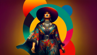 DALL·E 2023 12 14 05.26.10 A wide eye catching image featuring a vibrant colorful background with a central focus on a single plus size model dressed in a stunning trendy out