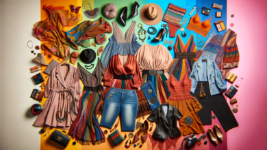 DALL·E 2023 12 15 19.24.13 Create a wide captivating image that features an array of stylish plus size clothing items and accessories artistically arranged against a vibrant c