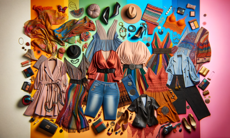 DALL·E 2023 12 15 19.24.13 Create a wide captivating image that features an array of stylish plus size clothing items and accessories artistically arranged against a vibrant c