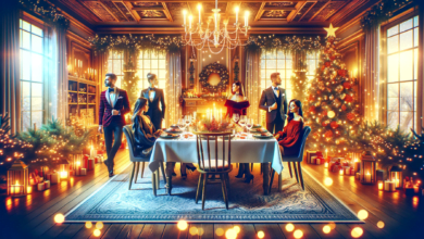 DALL·E 2023 12 22 22.15.42 A festive dining room for Christmas with a group of people in stylish dinner outfits based on 5 pro tips. The room features a grand Christmas tree tw