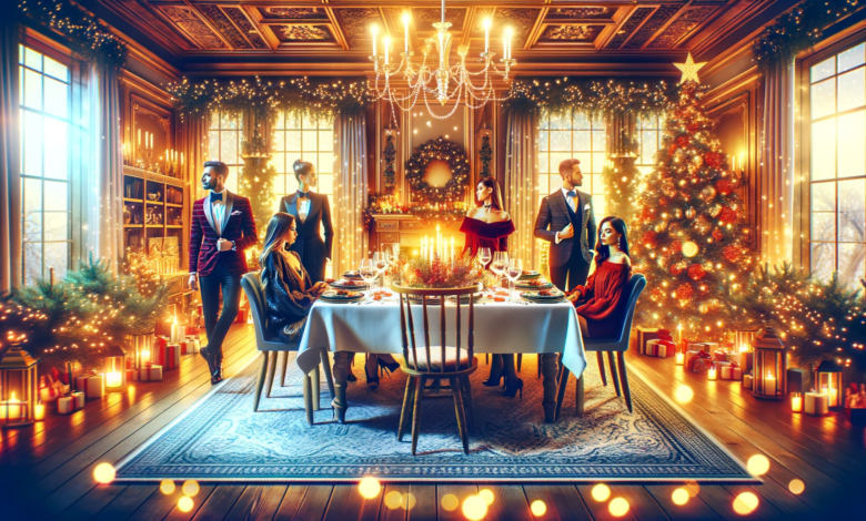 DALL·E 2023 12 22 22.15.42 A festive dining room for Christmas with a group of people in stylish dinner outfits based on 5 pro tips. The room features a grand Christmas tree tw