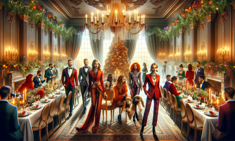 DALL·E 2023 12 22 22.42.49 A grand holiday party scene with people dressed in Christmas dinner attire following tips to elevate their look. The luxurious room is decorated with