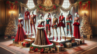DALL·E 2023 12 22 23.10.09 Create a wide eye catching photo realistic image that showcases a range of innovative Christmas celebration outfits. Display the outfits on a series