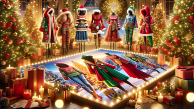 DALL·E 2023 12 22 23.39.59 Create a wide eye catching photo realistic image featuring a collage of the most creative and vibrant Christmas outfits. The scene is set against a