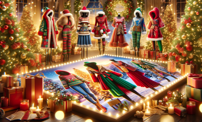 DALL·E 2023 12 22 23.39.59 Create a wide eye catching photo realistic image featuring a collage of the most creative and vibrant Christmas outfits. The scene is set against a