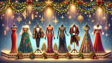 DALL·E 2023 12 22 23.47.40 Create a wide eye catching photo realistic image featuring a series of festive outfits that embody the wow factor described in the article. Each out