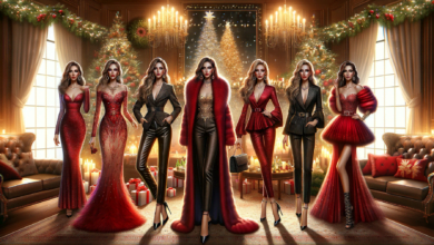 DALL·E 2023 12 22 23.54.15 Create a wide eye catching photo realistic image that showcases a series of Christmas party outfits arrayed in an elegant festive setting. Each outf