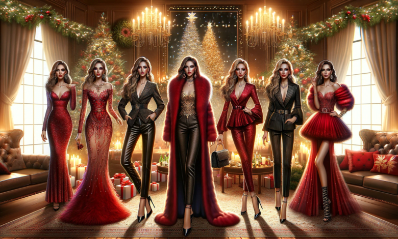 DALL·E 2023 12 22 23.54.15 Create a wide eye catching photo realistic image that showcases a series of Christmas party outfits arrayed in an elegant festive setting. Each outf