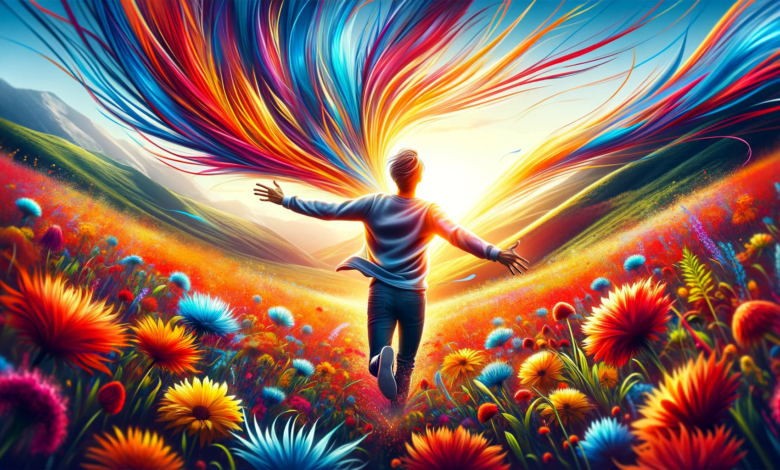 DALL·E 2023 12 31 13.56.40 An eye catching and viral wide image that captures the essence of feeling alive and rejuvenated. The image showcases a person running through a field