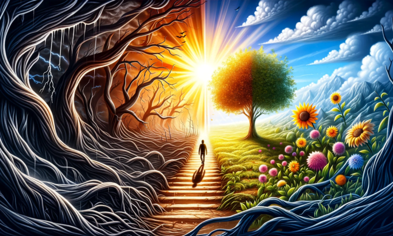 DALL·E 2023 12 31 14.04.07 An eye catching and viral wide image representing the journey from negative thoughts to a positive outlook. The scene depicts a stark contrast between