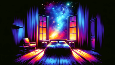 DALL·E 2024 01 01 10.12.37 Visualize an eye catching vibrant image of a dreamy star filled night sky seen through the silhouette of a bedroom window. The room is inviting wit