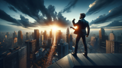 DALL·E 2024 01 01 10.45.55 Create a dynamic wide angle image capturing the moment of triumph for a confident man atop a city building at dusk. Hes looking out over the skyline