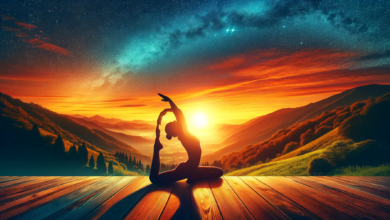 DALL·E 2024 01 01 10.51.40 Create a vibrant wide angle image of a sunrise over a scenic landscape with a silhouette of a person practicing yoga or stretching representing a ho 1