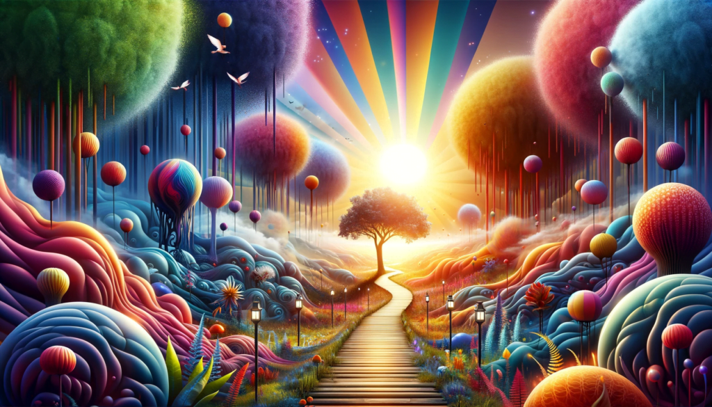 DALL·E 2024 01 04 08.07.19 A surreal landscape showing a path leading through a forest to a bright sunny clearing symbolic of finding direction in life with vibrant colors an