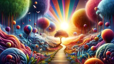 DALL·E 2024 01 04 08.07.19 A surreal landscape showing a path leading through a forest to a bright sunny clearing symbolic of finding direction in life with vibrant colors an