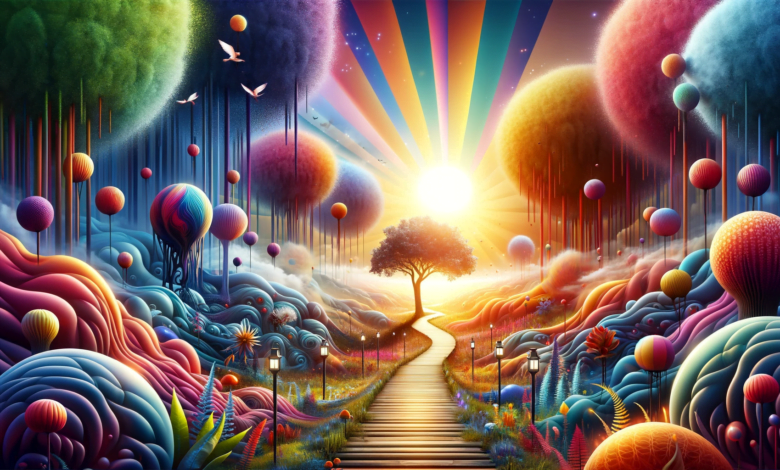 DALL·E 2024 01 04 08.07.19 A surreal landscape showing a path leading through a forest to a bright sunny clearing symbolic of finding direction in life with vibrant colors an