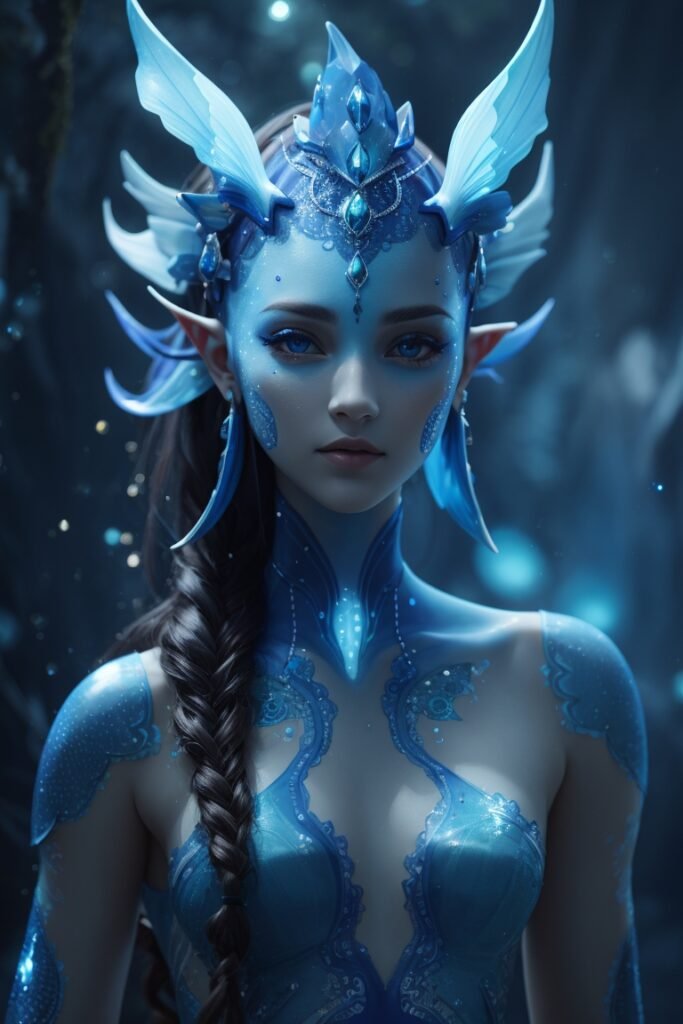 DreamShaper v5 blue humanoid avatar pointed fishy mermaid like 0