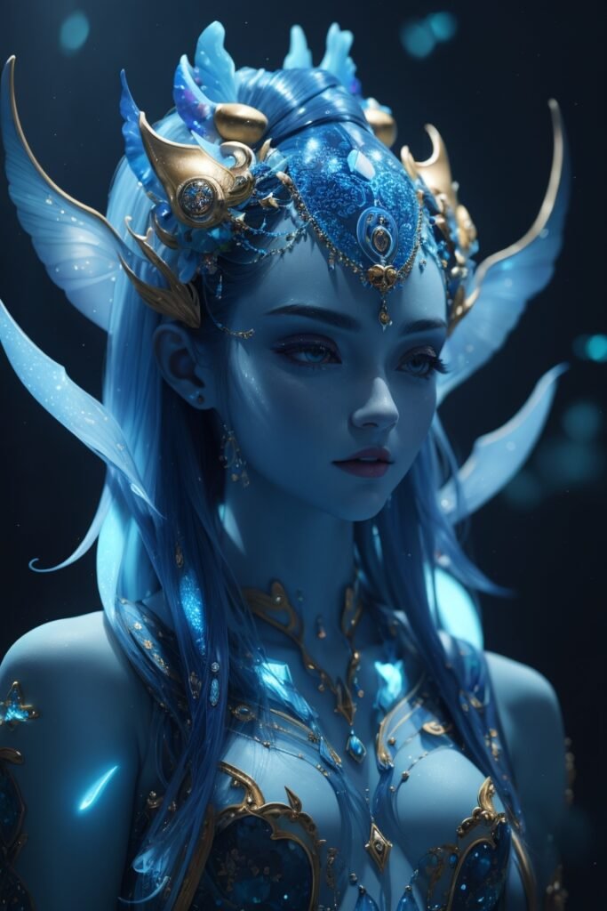 DreamShaper v5 blue humanoid avatar pointed fishy mermaid like 1