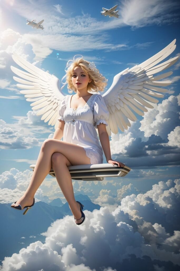 DreamShaper v7 Fliegender blonder Engel sitzend auf den Wolke 0