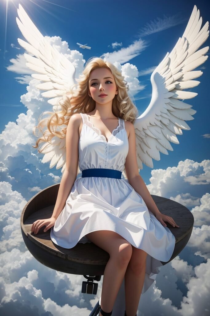 DreamShaper v7 Fliegender blonder Engel sitzend auf den Wolke 1