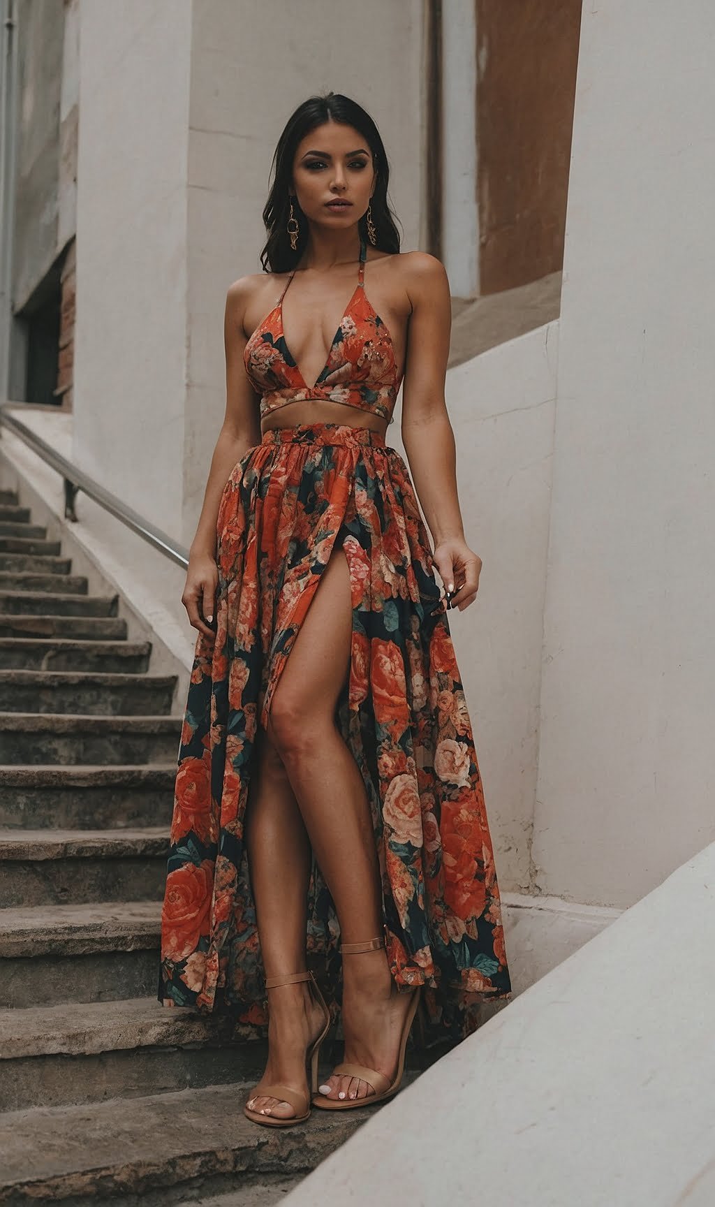 Floral Fantasy: Flowy Maxi Dress with High Slit in Blossom Print