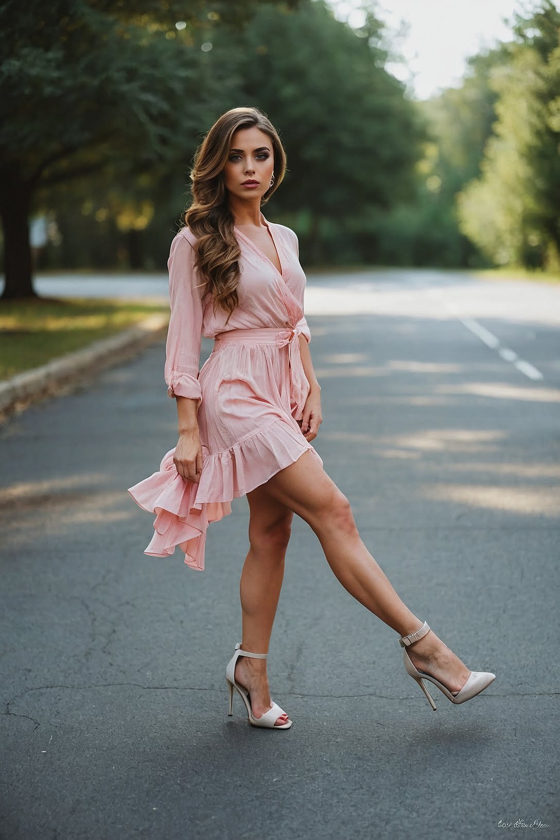Blush Rush: Elegant Pink Wrap Dress with Ruffled Hem