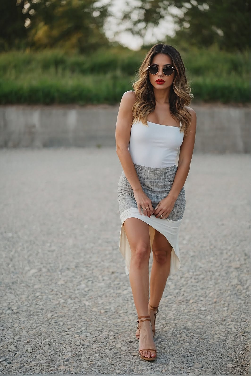Summer Breeze: Casual White Tank Top with Asymmetrical Grey Skirt