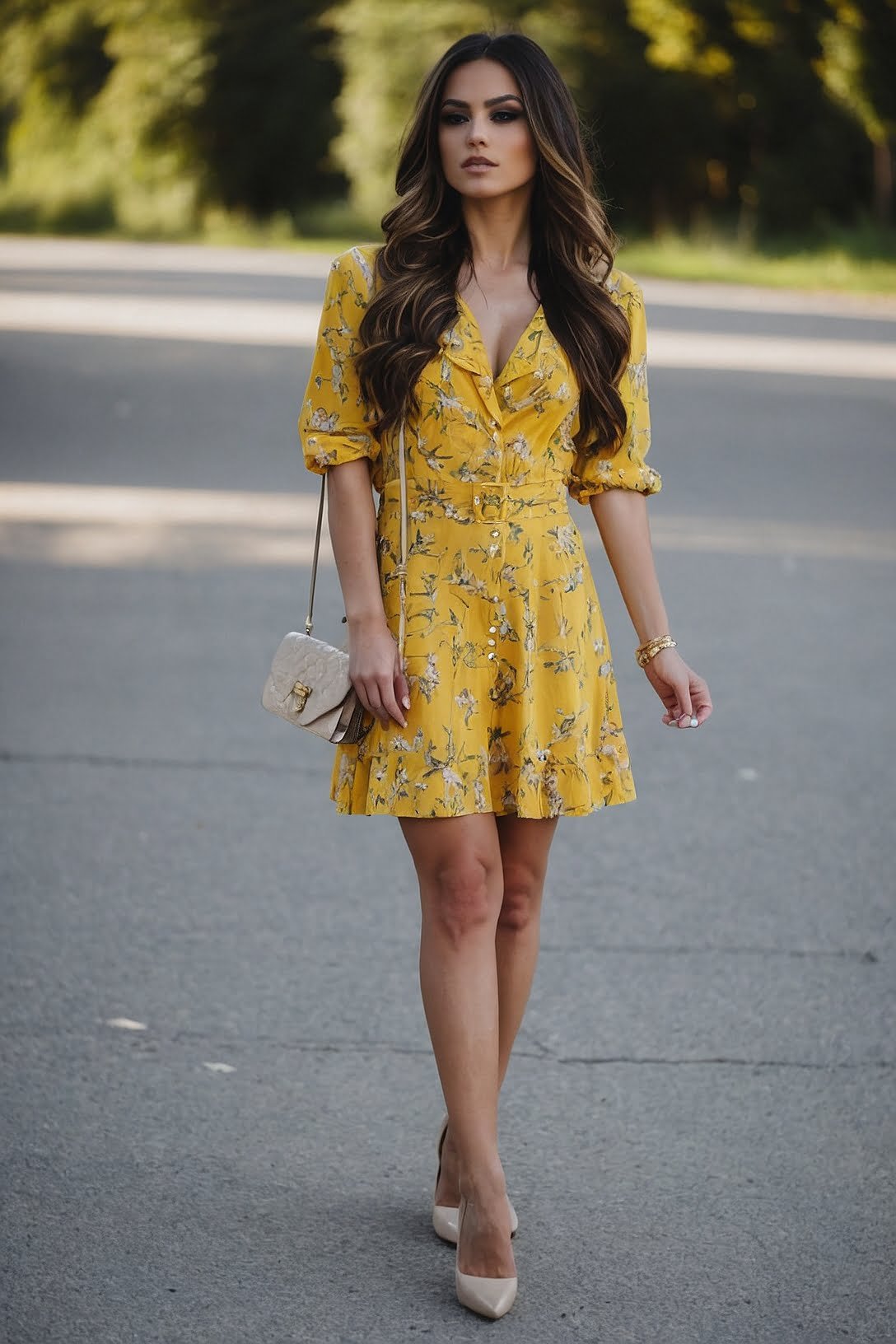 Goldenrod Grace: Cheerful Yellow Floral Dress with V-Neckline