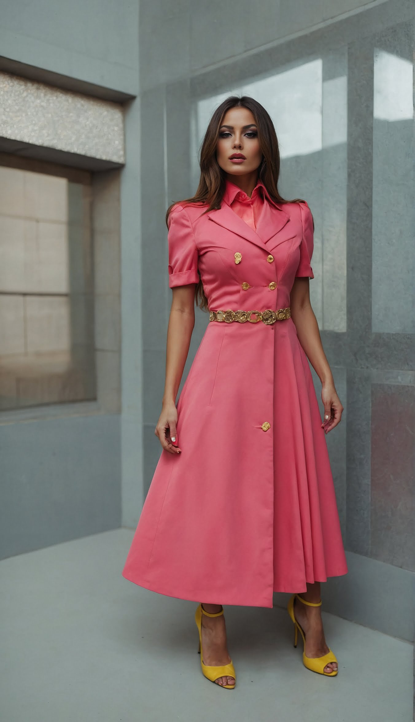 Retro Romance - Pink Midi Shirt Dress with Golden Accents for a Vintage Twist