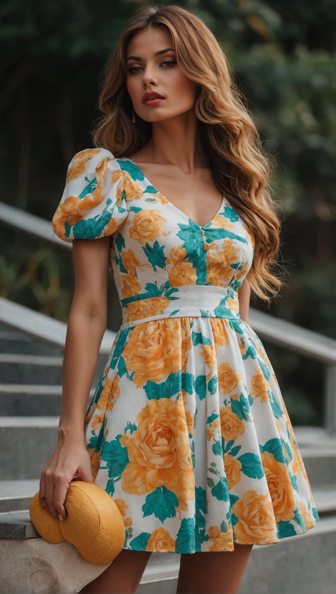 Chic Garden Party - Vibrant Floral Mini Dress with Puff Sleeves