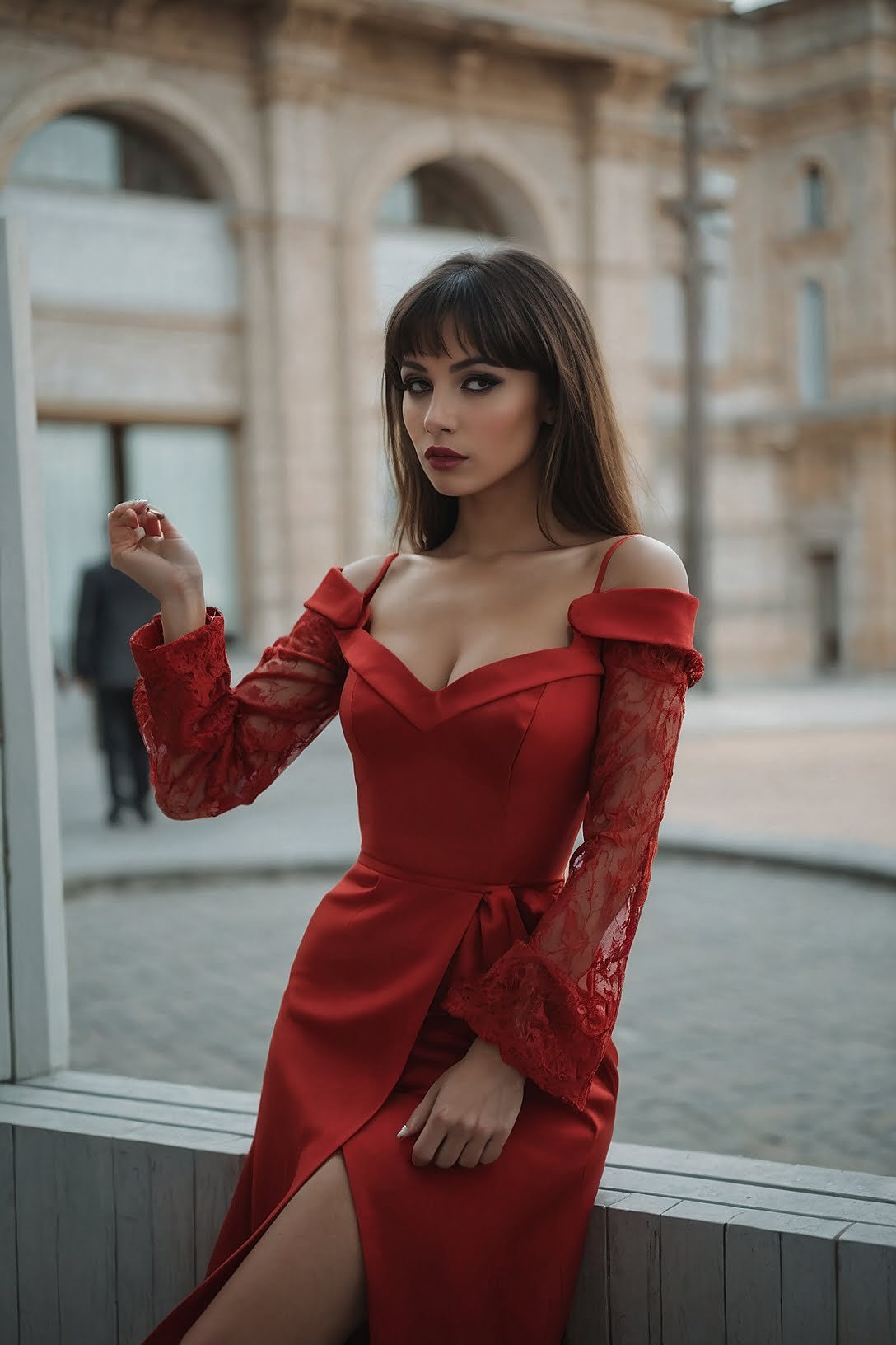 Ruby Elegance: Off-Shoulder Red Dress with Lace Sleeves