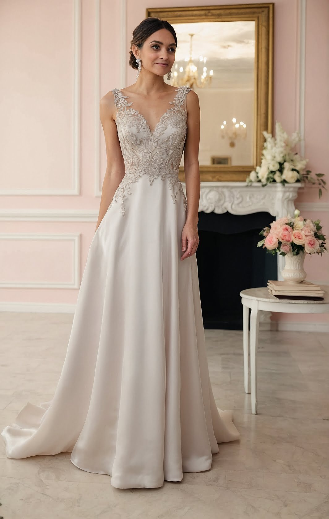 Elegant Ivory A-Line Gown with Lace Bodice and Flowing Satin Skirt