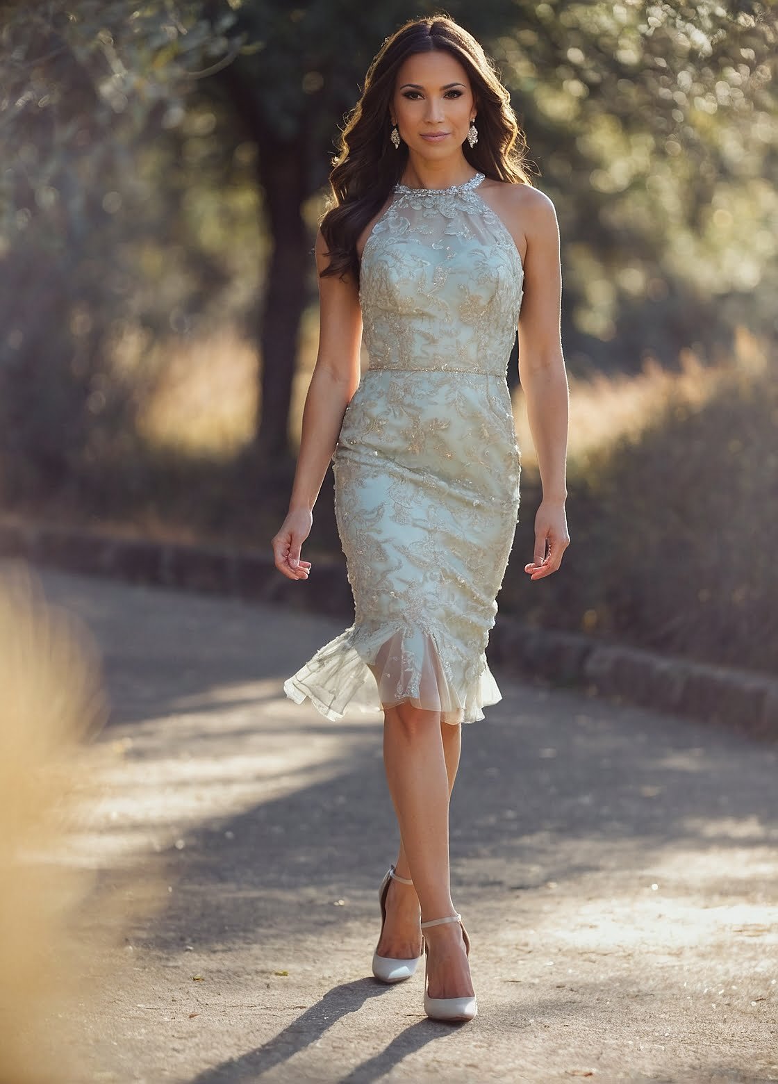 Vintage Lace Fitted Midi Dress with Scalloped Hem and Ivory Underlay