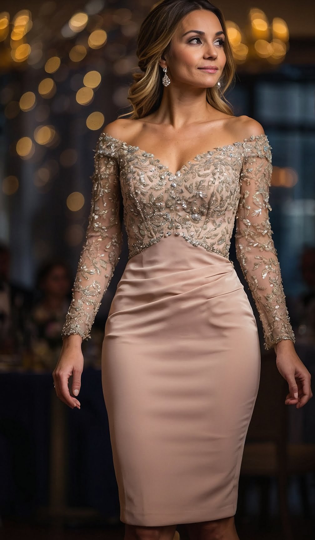 Off-Shoulder Glittering Lace Sheath Dress with Nude Illusion